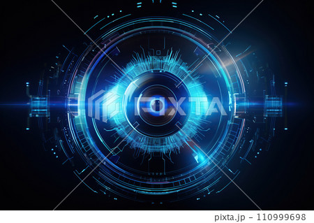 The abstract blue circle on a black background. Technology concept. 3D Rendering. Generative AI 110999698