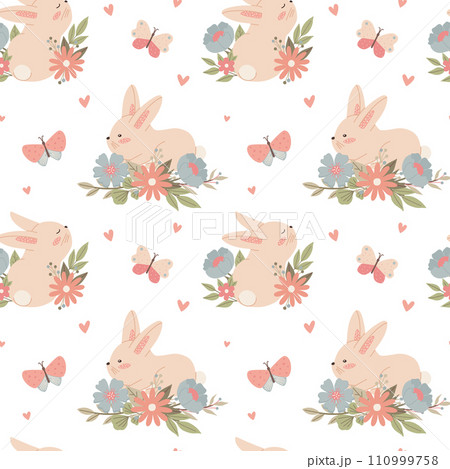 Seamless pattern with childish bunny flowers butterflies. Cute vector illustration in pastel colors with floral elements, for design, fabric and textiles. Seamless pattern with childish bunny flowers butterflies. Cute vector illustration in pastel colors with floral elements, for design, fabric and textiles. 110999758