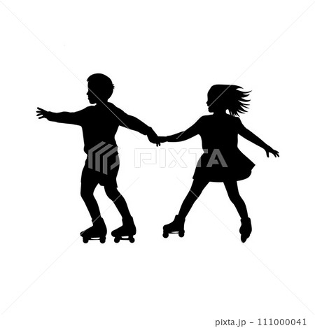 Roller skating girl with boy rollerblading vector silhouette, two kid roller skating 111000041