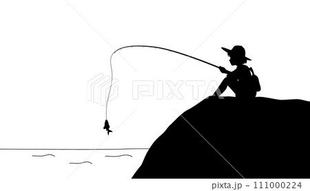 Little boy sitting and fishing in lake, boy with a fishing rod, fishing in the sea or on a river Little boy sitting and fishing in lake, boy with a fishing rod, fishing in the sea or on a river 111000224