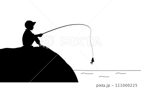 Little boy sitting and fishing in lake, boy with a fishing rod, fishing in the sea or on a river Little boy sitting and fishing in lake, boy with a fishing rod, fishing in the sea or on a river 111000225