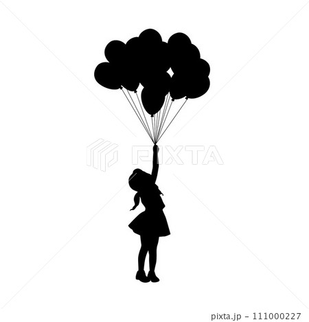 Little kid girl with balloons, little girl holding a bunch of balloons silhouette Little kid girl with balloons, little girl holding a bunch of balloons silhouette 111000227
