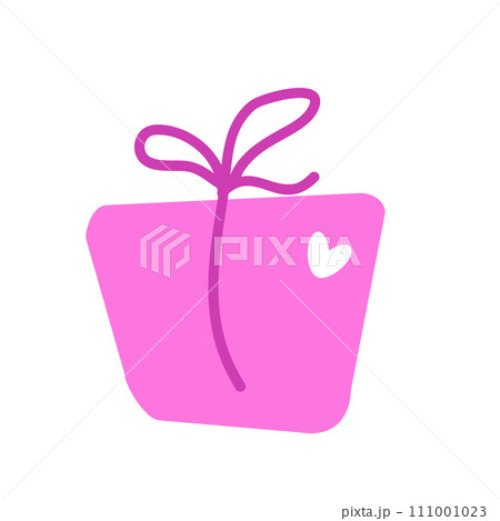Vector hand drawn gift box with pink bow and heart by Valentine day. Illustration in flat style. 111001023