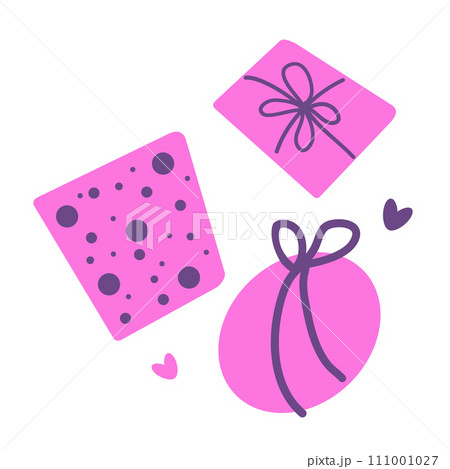 Vector hand drawn gifts box with violet bow and heart by Valentine day. Illustration in flat style. 111001027