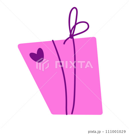 Vector hand drawn gift box with violet bow and heart by Valentine day. Illustration in flat style. 111001029