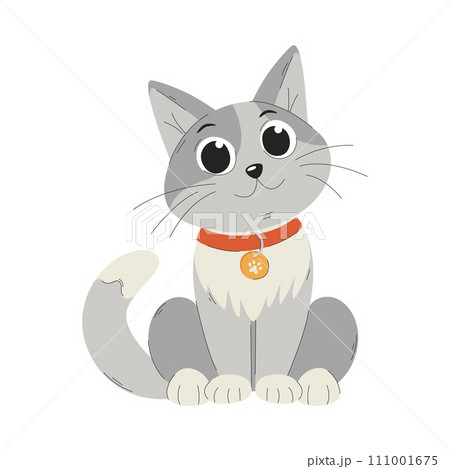 A cute smiling kitten in a collar. The cat is sitting with folded paws. A flat cartoon vector illustration isolated on a white background. A cute smiling kitten in a collar. The cat is sitting with folded paws. A flat cartoon vector illustration isolated on a white background. 111001675