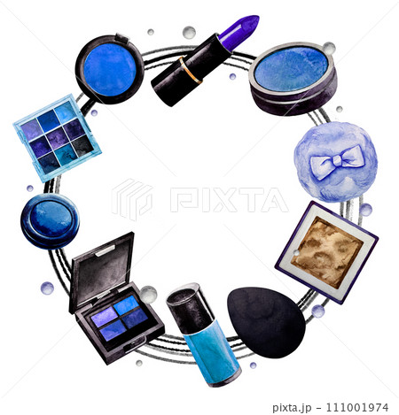 Blue frame of Makeup elements. White background. Watercolor. Isolated. Cosmetics for banner or text 111001974