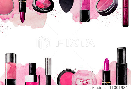 rectangular banner of Makeup. White background. Watercolor. Pink Cosmetics elements for text 111001984