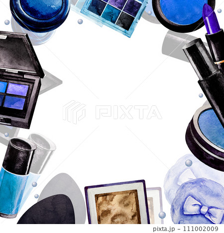 Square frame of Makeup. White background. Watercolor. Blue Cosmetics elements for banner or text 111002009