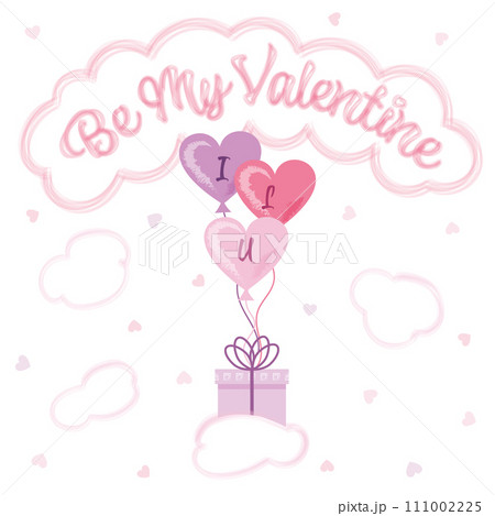 Be my valentine greeting with pink cloud, balloons and giftbbox and hearts on a white background 111002225