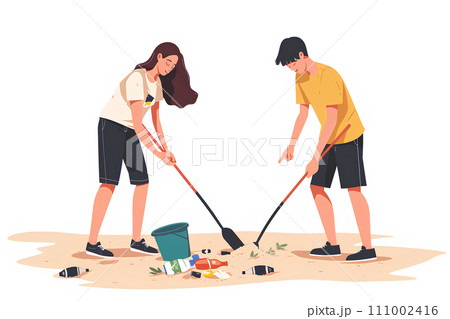 浜辺でゴミ拾いをするカップル 111002416