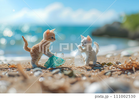 浜辺で猫のゴミ拾い（3D) 111002530