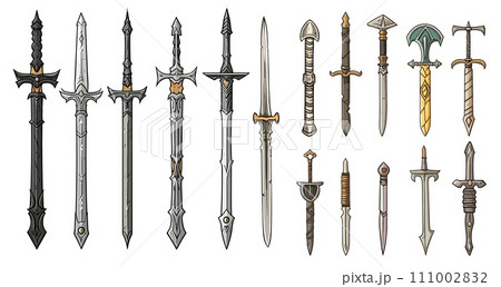 AI-generated content. Various medieval weapons. Swords cartoon sketch style isolated on white background. Metal weapon, old warrior equipment vector collection 111002832