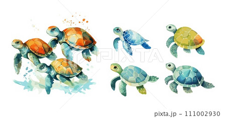AI-generated content. Isolated turtles watercolor style. Turtle different colors, decorative animals clipart for printable or design. Vector wild nature characters set 111002930