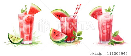 AI-generated content. Isolated fresh watermelon smoothies. Watercolor drinks, watermelons juice in glass and slices with lime. Decorative vector healthy summer elements AI-generated content. Isolated fresh watermelon smoothies. Watercolor drinks, watermelons juice in glass and slices with lime. Decorative vector healthy summer elements 111002943