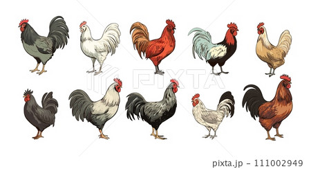AI-generated content. Hens and roosters isolated on white. Farm birds cartoon sketch clipart. Decorative home bird, rooster, hen vector characters AI-generated content. Hens and roosters isolated on white. Farm birds cartoon sketch clipart. Decorative home bird, rooster, hen vector characters 111002949