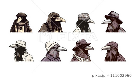 AI-generated content. Black crow hipsters portraits. Isolated crows in hats and scarves. Stylish birds, urban animals characters. Vector bird in clothes set 111002960