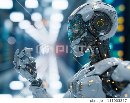 Futuristic Android robot holding a bitcoin, a concept of big data and AI 111003237