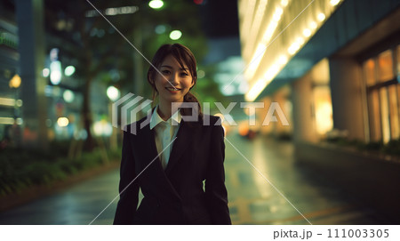 AI画像生成　夜の街を歩く女性 111003305