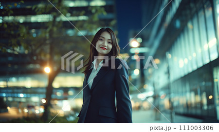 AI画像生成　夜の街を歩く女性 111003306