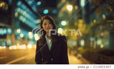 AI画像生成　夜の街を歩く女性 111003307