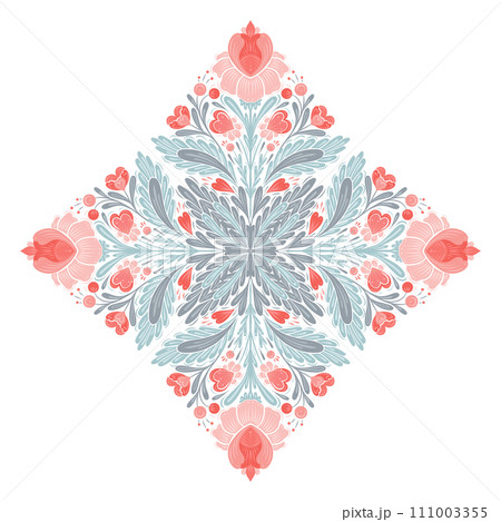 Vector gentle floral kaleidoscope illustration for Valentines day. Decorative folk art clip art with geometric symmetrical pink flowers, hearts Vector gentle floral kaleidoscope illustration for Valentines day. Decorative folk art clip art with geometric symmetrical pink flowers, hearts 111003355