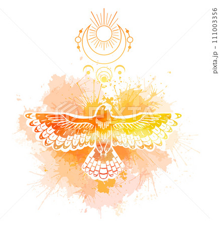 Vector mystical illustration of a bird with yellow watercolor splatters and moon symbols on a white background. Silhouette of phoenix with dye sprays. 111003356