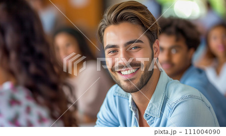 活発な教室でのディスカッションを熱心に指導する先生。優しい小学校教員のイメージ。AI画像 111004090