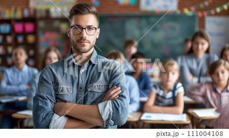 活発な教室でのディスカッションを熱心に指導する先生。優しい小学校教員のイメージ。AI画像 活発な教室でのディスカッションを熱心に指導する先生。優しい小学校教員のイメージ。AI画像 111004108