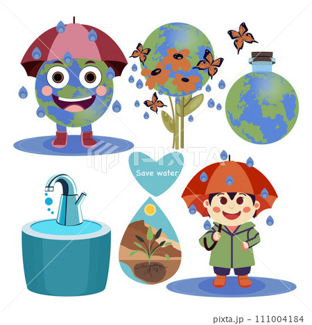 A set of hand-drawn illustrations for World Water Day on a white background 111004184