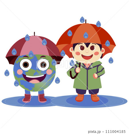 An illustration of planet Earth and a boy laughing with an umbrella in the rain. An illustration of planet Earth and a boy laughing with an umbrella in the rain. 111004185