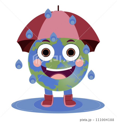 Illustration of planet Earth with an umbrella laughing in the rain.  111004188