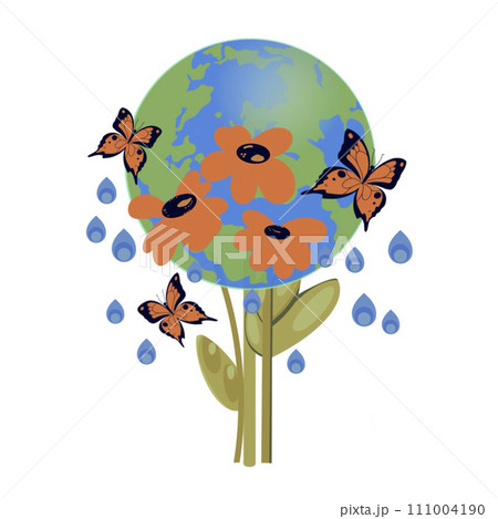 Illustration the globe is in a drop of water that falls from the sky. There are flowers and butterflies all around Illustration the globe is in a drop of water that falls from the sky. There are flowers and butterflies all around 111004190