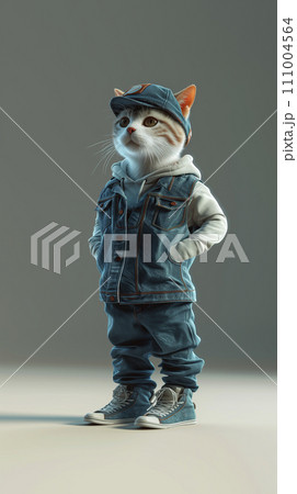 Fashionable Cute little cat wearing sunglasses and jeans on a red background 111004564