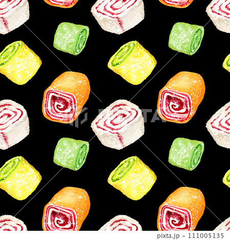 watercolor seamless pattern with green, orange and yellow rahat locum, multicolor Turkish Delight, oriental sweets, illustration of traditional Turkish sweets with coconut, hand drawn sketch watercolor seamless pattern with green, orange and yellow rahat locum, multicolor Turkish Delight, oriental sweets, illustration of traditional Turkish sweets with coconut, hand drawn sketch 111005135