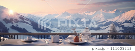 beautiful and cozy place in the hotel with a view of the winter, snowy mountains, Generative AI 111005212