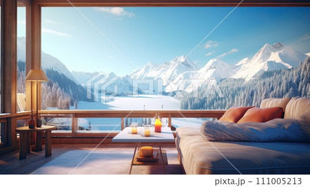 beautiful and cozy place in the hotel with a view of the winter, snowy mountains, Generative AI 111005213