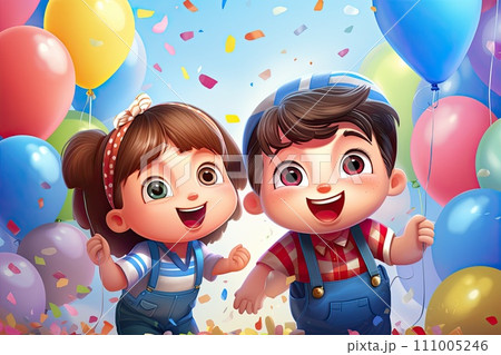 Happy children jump together and hold balloons, next to them gifts and a cake 111005246