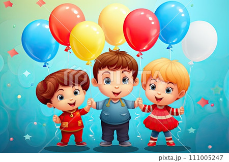Happy children jump together and hold balloons, next to them gifts and a cake 111005247