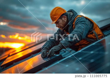 AI-generated content. Workers assemble energy system with solar panel for electricity. Generative AI 111005775