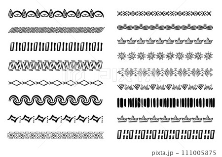Set aztec tribal motive border in doodle hand drawn style from geometrical shapes isolated on white background. boho scandinavian srtoke, traditional native decor. 111005875