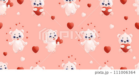Romantic Seamless pattern with cute cartoon polar bears with hearts on pink background. Vector illustration for valentines and birthday holiday design, packaging. wallpaper, textile 111006364