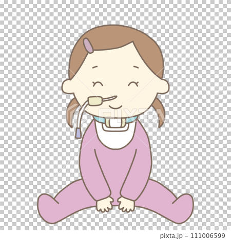 坐著接受醫療照護的女孩(NG管、人工鼻、項圈) 坐著接受醫療照護的女孩(NG管、人工鼻、項圈) 111006599