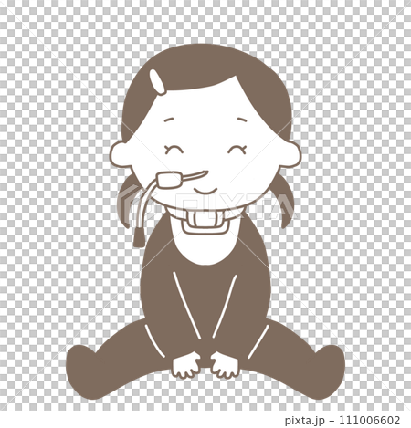 Sitting girl under medical care (NG tube, artificial nose, black and white) 111006602