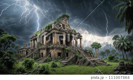 Thunderstorm and lightning over the majestic ruins of the ancient city, Ai-generated 111007868
