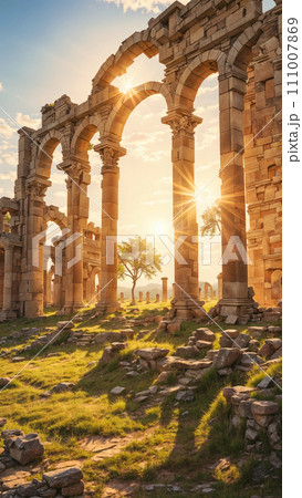 Majestic ruins of an ancient mysterious city at sunset. Architectural columns and arches in the sunlight. Ai-generated 111007869
