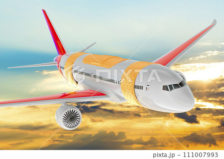 Airplane with adhesive bandage in the sky. 3D rendering 111007993