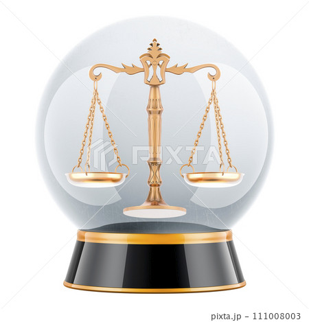 Crystal ball with scales of justice inside. 3D rendering Crystal ball with scales of justice inside. 3D rendering 111008003