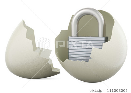 Padlock inside broken chicken egg, 3D rendering Padlock inside broken chicken egg, 3D rendering 111008005