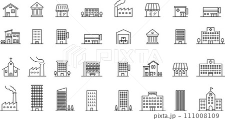 モノクロの建物アイコンセット 111008109
